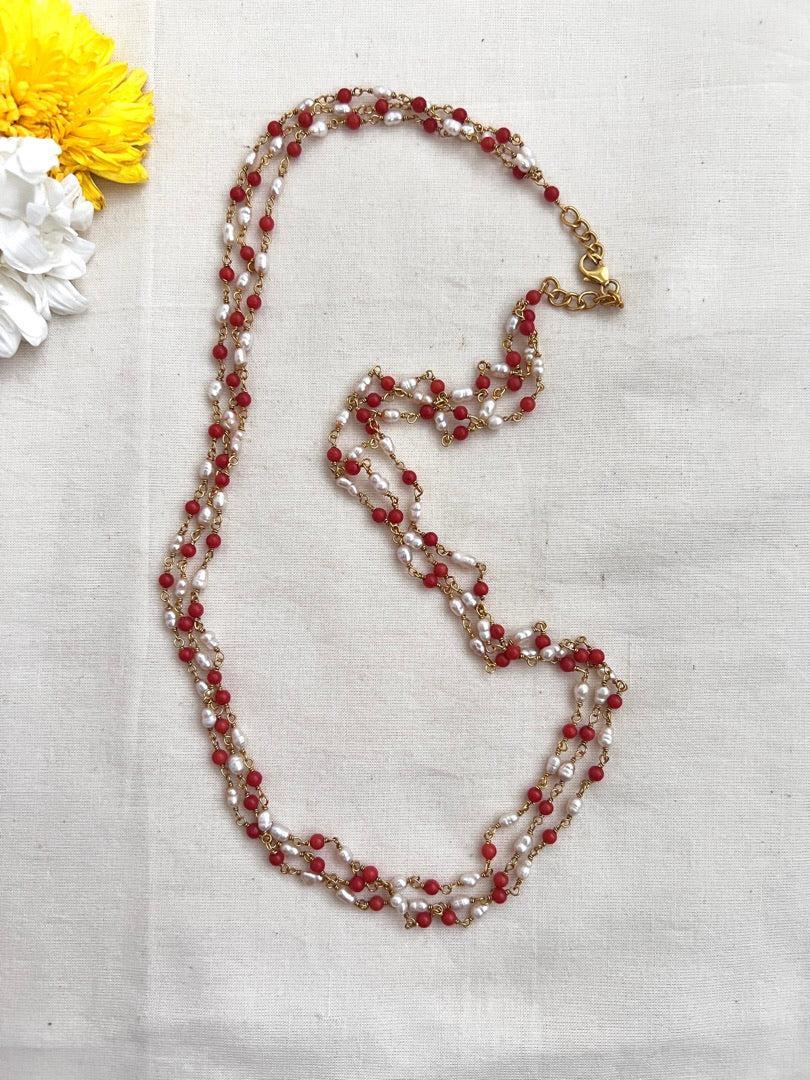 Gold polish corals & pearls chain-Silver Neckpiece-CI-House of Taamara