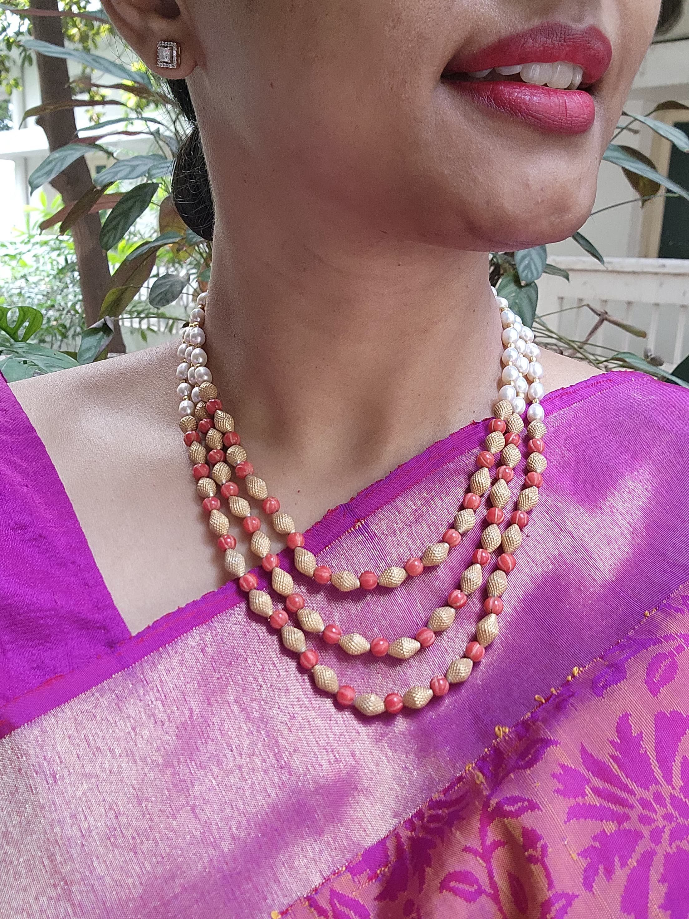 Gold polish corals, pearls & gold beads three layer necklace-Silver Neckpiece-CI-House of Taamara