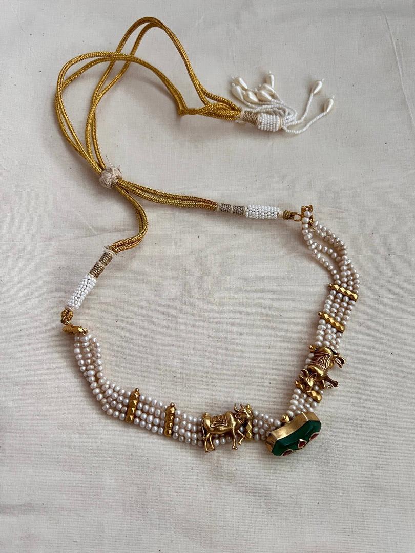 Gold polish cow choker with pearls & kundan inlay stone work-Silver Neckpiece-CI-House of Taamara