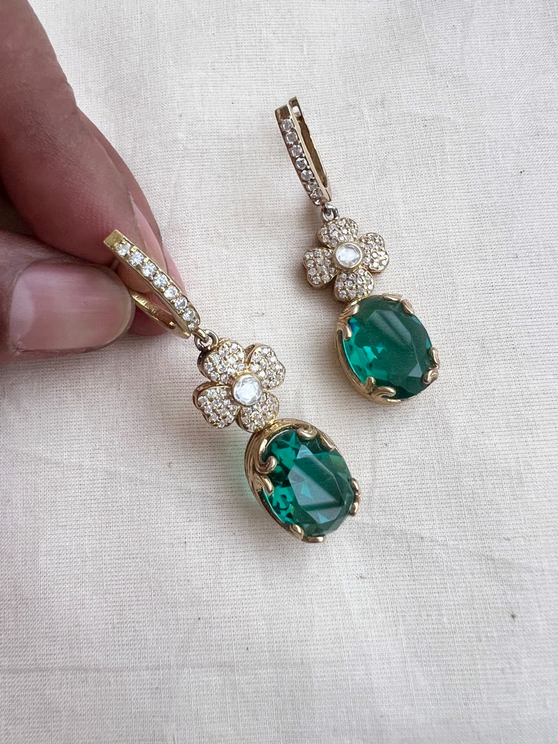 Gold polish cz and green stone hangings-Earrings-CI-House of Taamara
