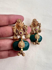 Gold polish earrings with green onyx stone-Earrings-CI-House of Taamara