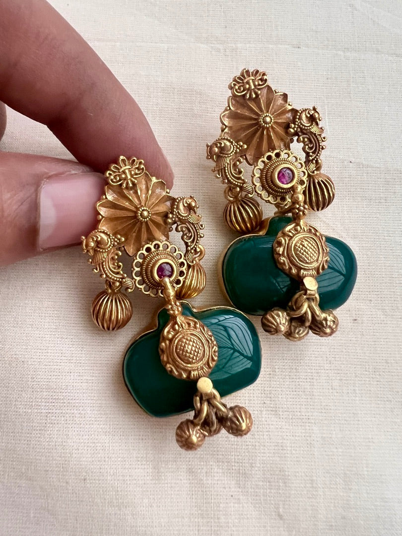 Gold polish earrings with green onyx stone-Earrings-CI-House of Taamara