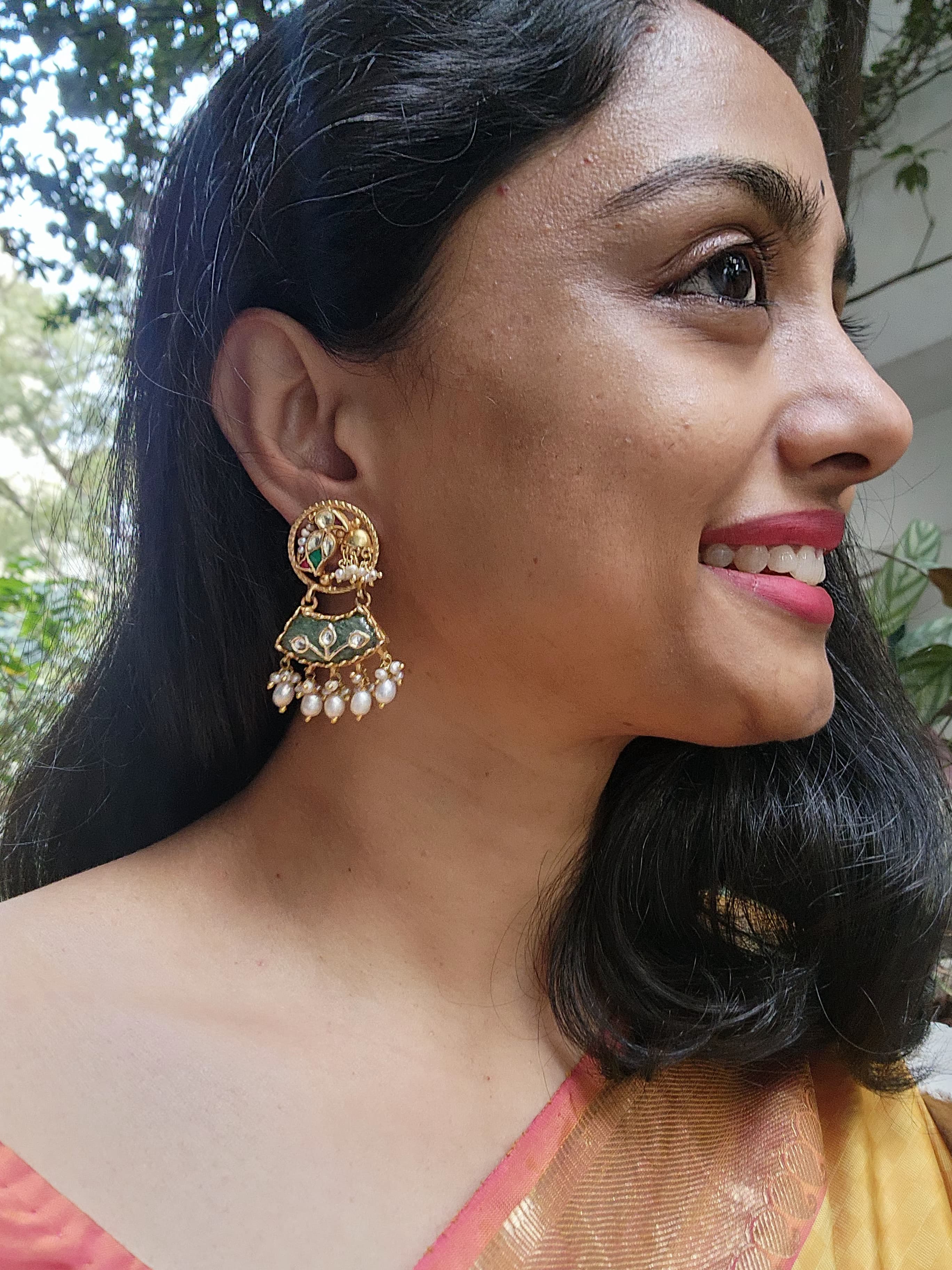 Gold polish earrings with kundan inlay work on emeralds & pearl hangings-Earrings-CI-House of Taamara