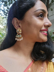 Gold polish earrings with kundan inlay work on emeralds & pearl hangings-Earrings-CI-House of Taamara