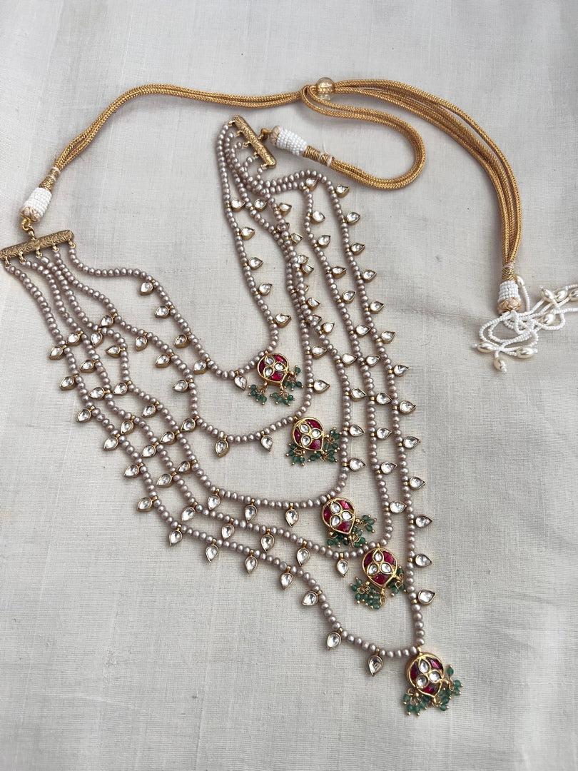 Gold polish five layer kundan & ruby motifs with pearls-Silver Neckpiece-CI-House of Taamara