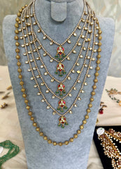Gold polish five layer kundan & ruby motifs with pearls-Silver Neckpiece-CI-House of Taamara