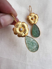 Gold polish flower with carved jade hangings-Earrings-CI-House of Taamara