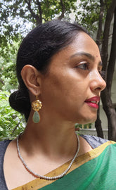 Gold polish flower with carved jade hangings-Earrings-CI-House of Taamara