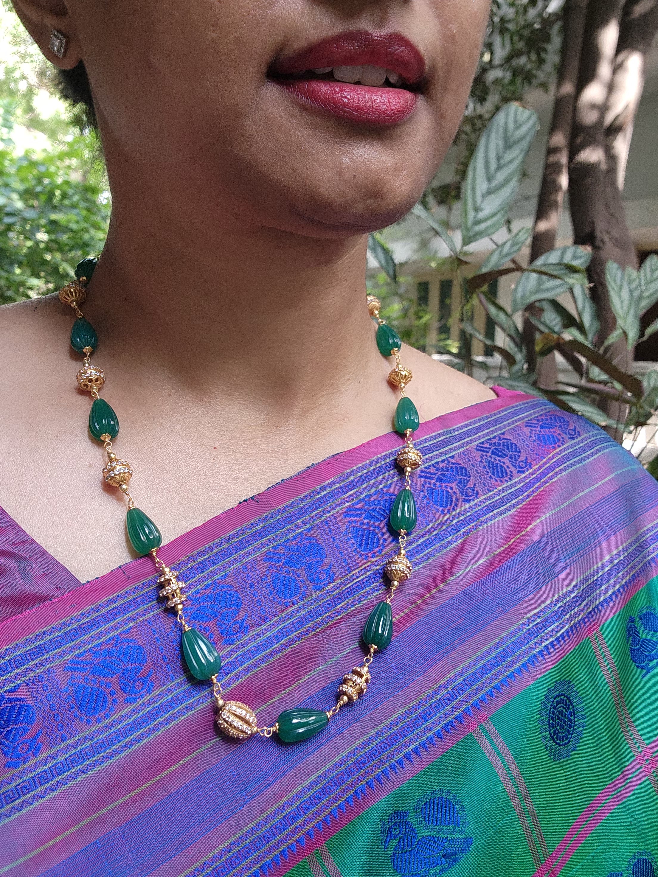 Gold polish green onyx and zircon stone beads chain-Silver Neckpiece-CI-House of Taamara
