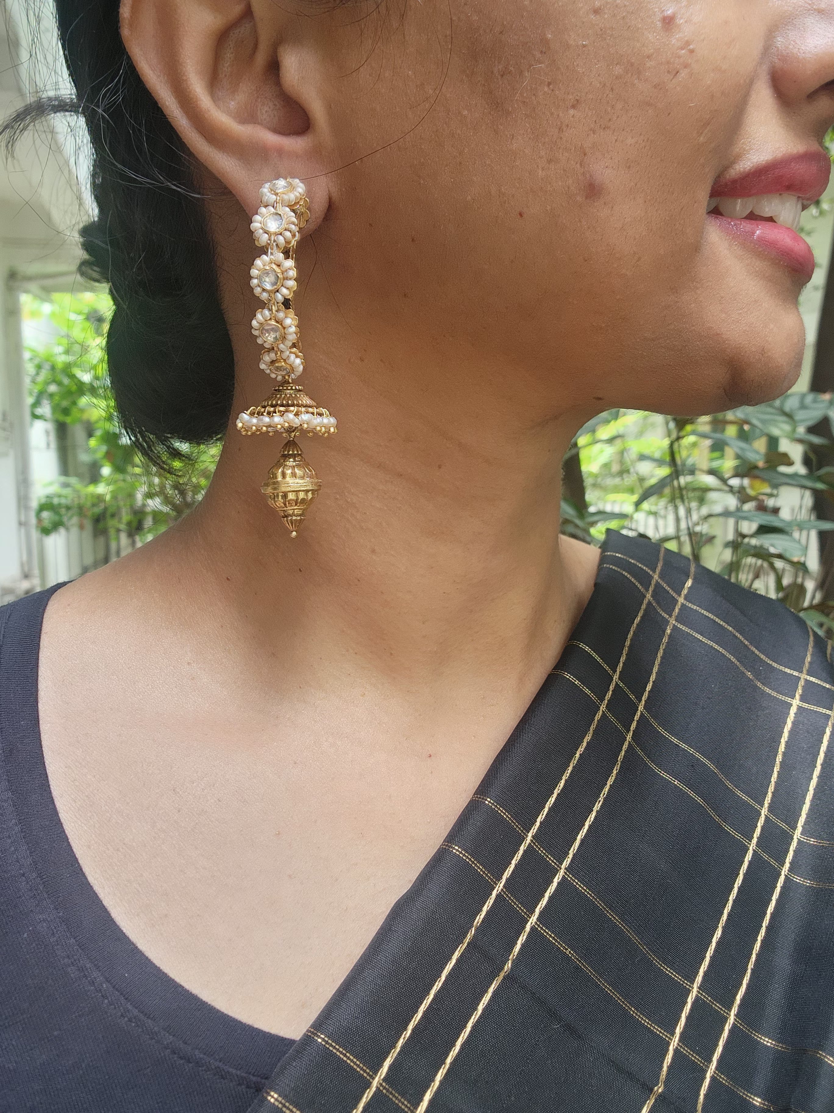 Gold polish half loop earrings with pearls-Earrings-CI-House of Taamara