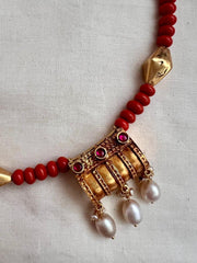 Gold polish hasli with coral beads & nakshi motifs-Silver Neckpiece-CI-House of Taamara
