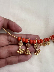 Gold polish hasli with coral beads & nakshi motifs-Silver Neckpiece-CI-House of Taamara