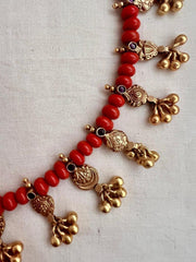 Gold polish hasli with coral beads & nakshi motifs-Silver Neckpiece-CI-House of Taamara