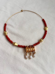 Gold polish hasli with coral beads & nakshi motifs-Silver Neckpiece-CI-House of Taamara