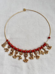 Gold polish hasli with coral beads & nakshi motifs-Silver Neckpiece-CI-House of Taamara
