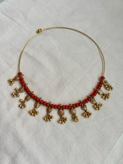 Gold polish hasli with coral beads & nakshi motifs-Silver Neckpiece-CI-House of Taamara