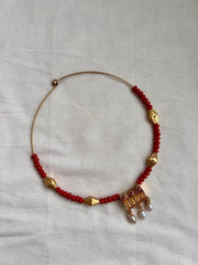 Gold polish hasli with coral beads & nakshi motifs-Silver Neckpiece-CI-House of Taamara