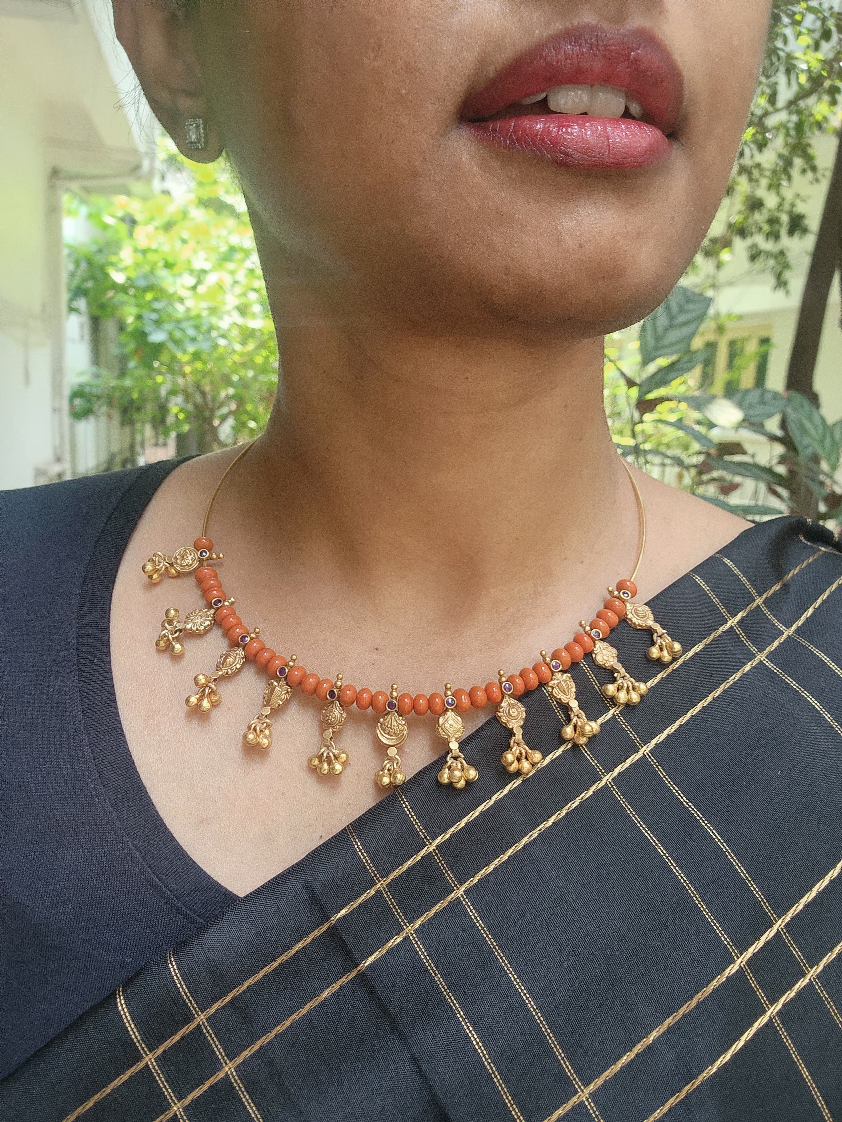 Gold polish hasli with coral beads & nakshi motifs-Silver Neckpiece-CI-House of Taamara