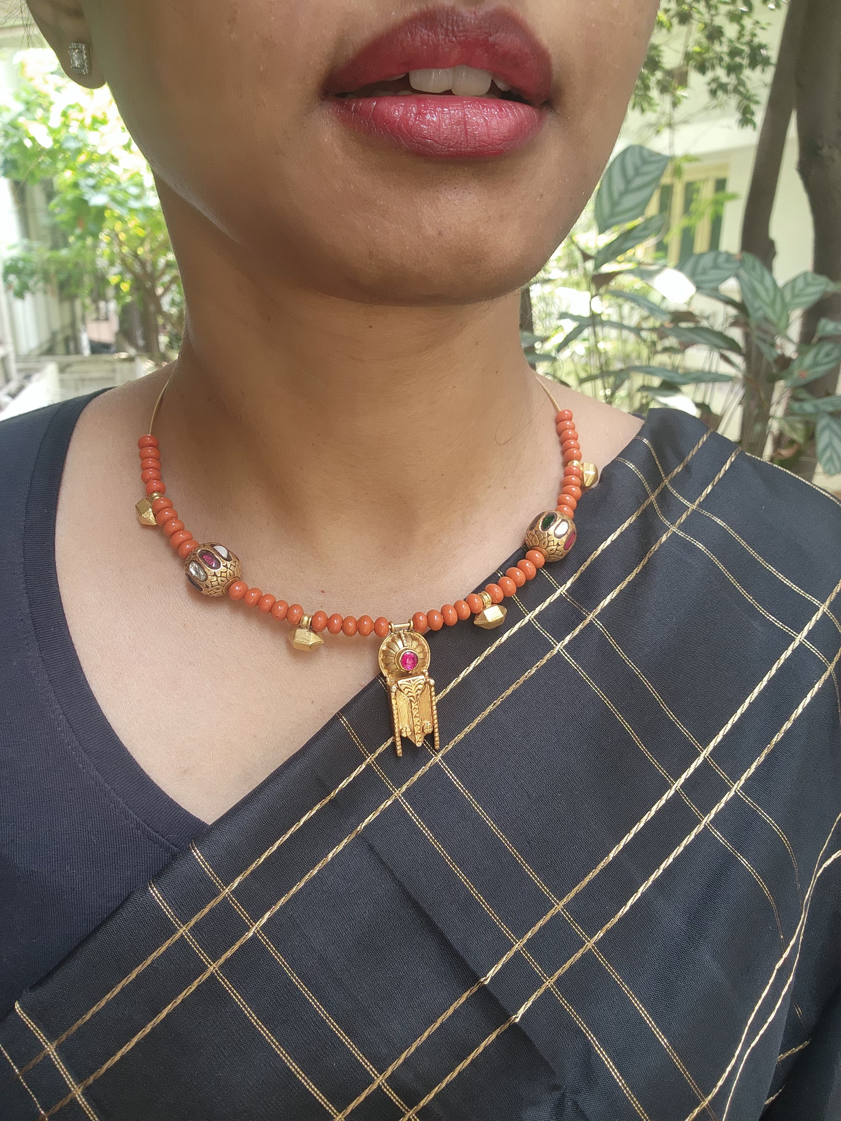 Gold polish hasli with coral beads & nakshi motifs-Silver Neckpiece-CI-House of Taamara