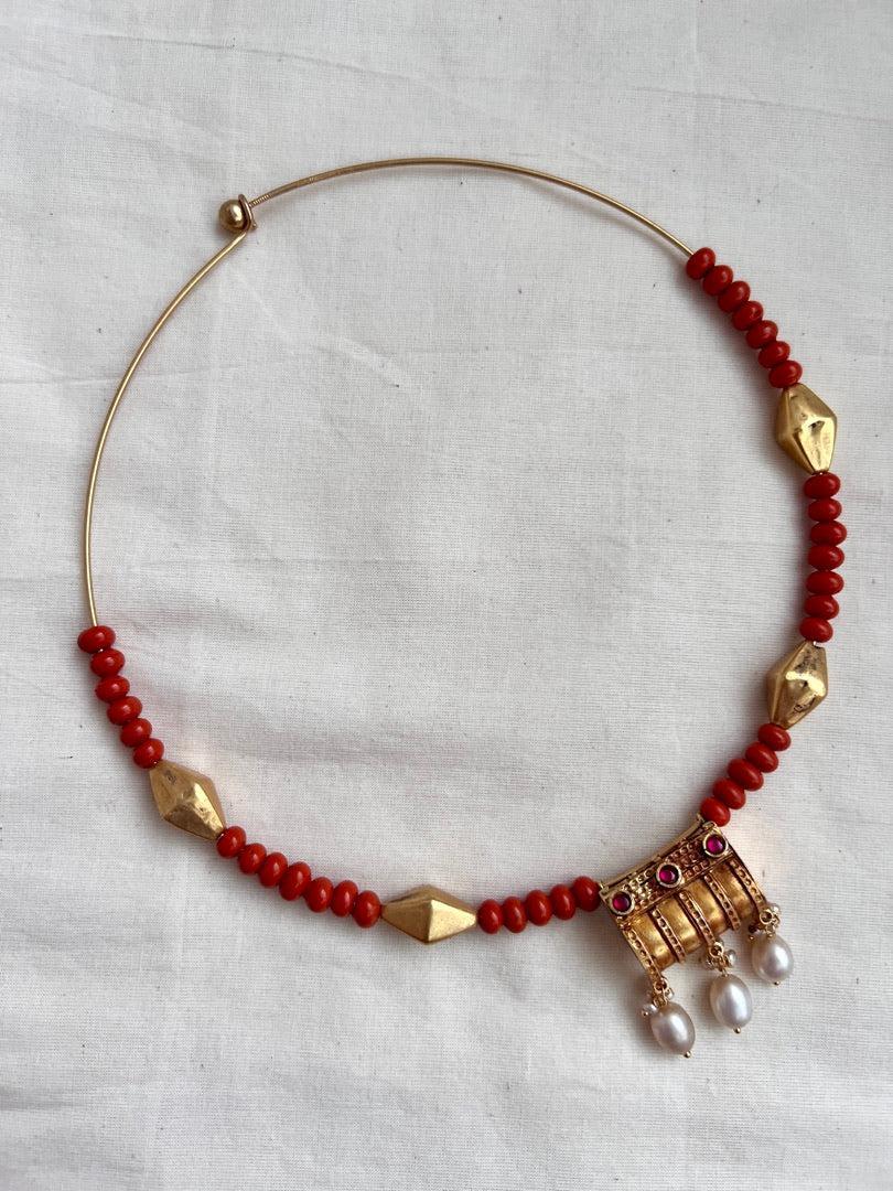 Gold polish hasli with coral beads & nakshi motifs-Silver Neckpiece-CI-House of Taamara