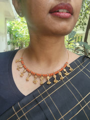 Gold polish hasli with coral beads & nakshi motifs-Silver Neckpiece-CI-House of Taamara
