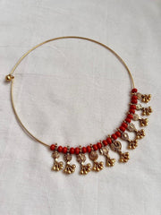 Gold polish hasli with coral beads & nakshi motifs-Silver Neckpiece-CI-House of Taamara