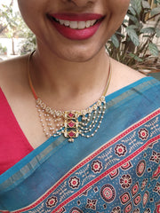 Gold polish hasli with kundan, emerald & ruby pendant with pearls-Silver Neckpiece-CI-House of Taamara