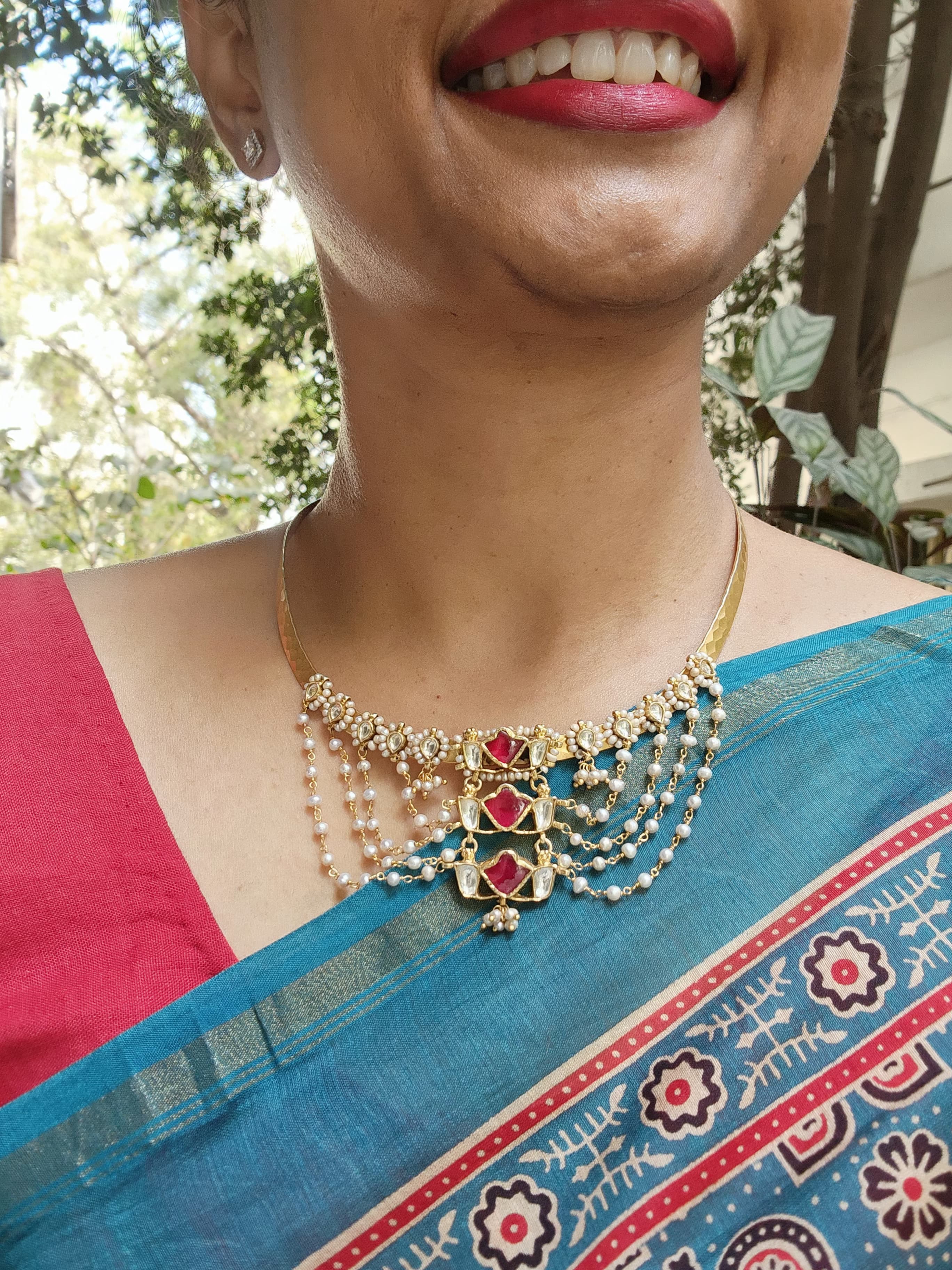 Gold polish hasli with kundan, emerald & ruby pendant with pearls-Silver Neckpiece-CI-House of Taamara