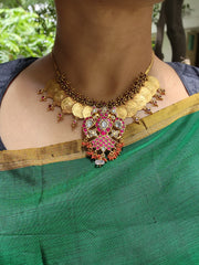 Gold polish kasumala with kundan and ruby gandaberunda pendant-Silver Neckpiece-CI-House of Taamara