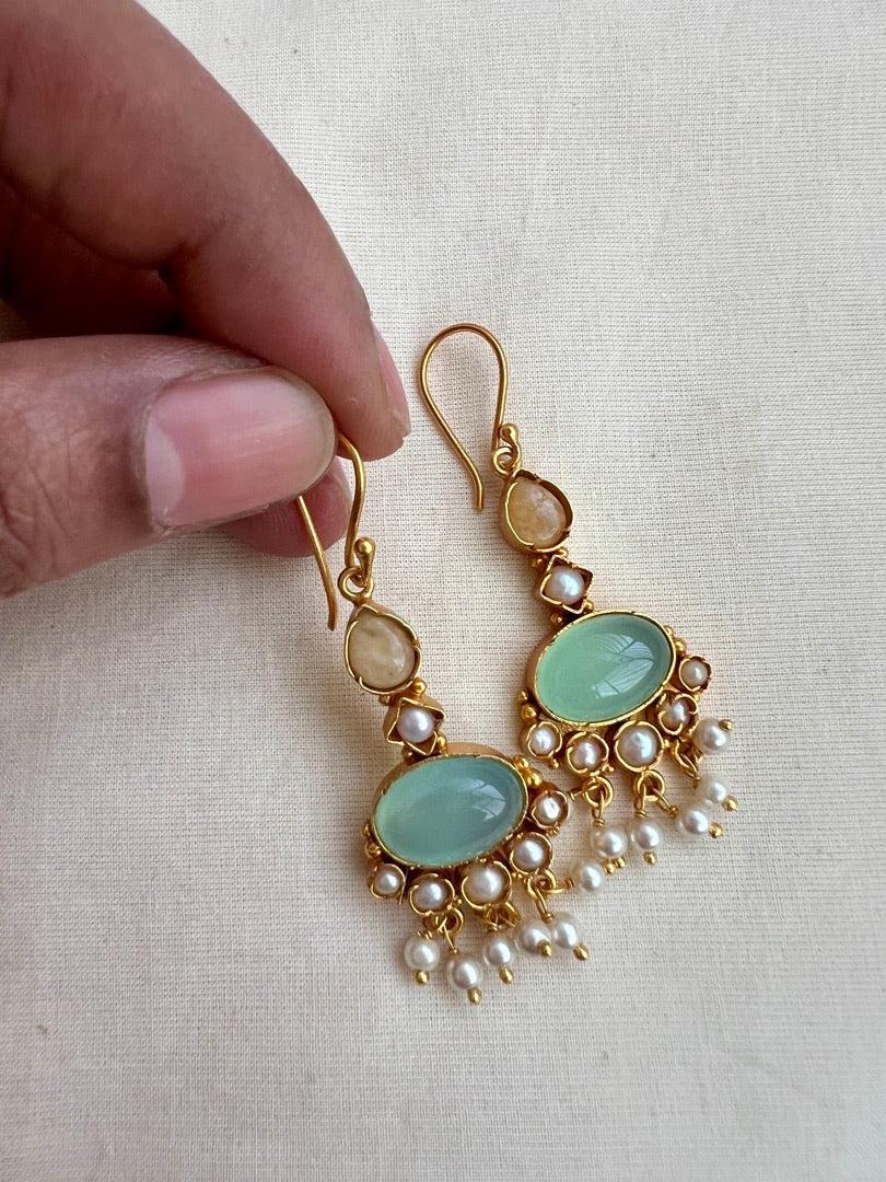 Gold polish kundan and calcedony hangings-Earrings-CI-House of Taamara