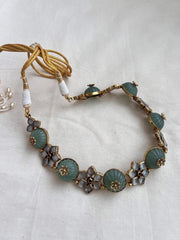 Gold polish kundan and carved jade flower necklace-Silver Neckpiece-CI-House of Taamara
