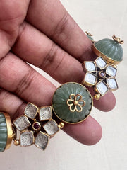 Gold polish kundan and carved jade flower necklace-Silver Neckpiece-CI-House of Taamara