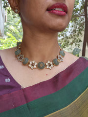 Gold polish kundan and carved jade flower necklace-Silver Neckpiece-CI-House of Taamara