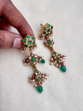 Gold polish kundan and emerald earrings with pearls-Earrings-CI-House of Taamara
