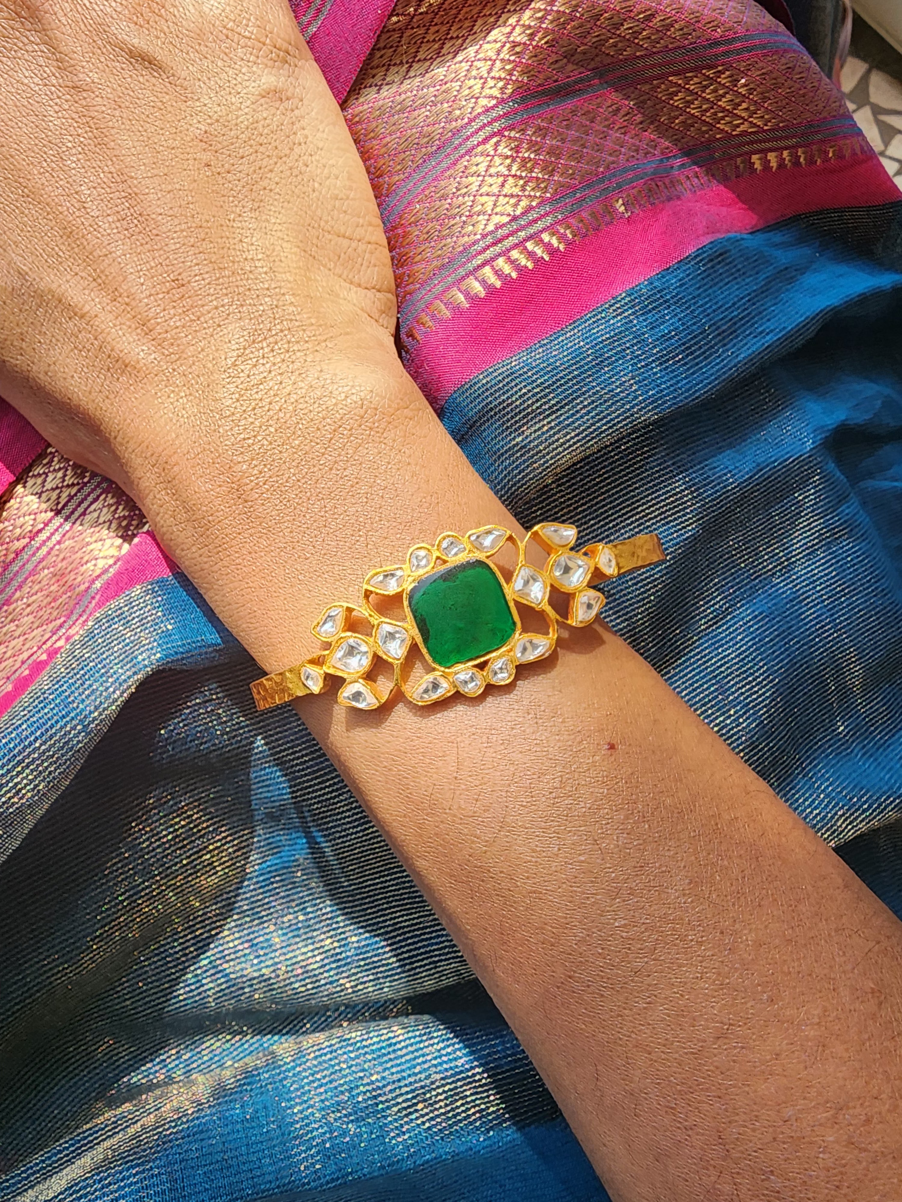 Gold polish kundan and emerald kada-Silver Bracelet-CI-House of Taamara