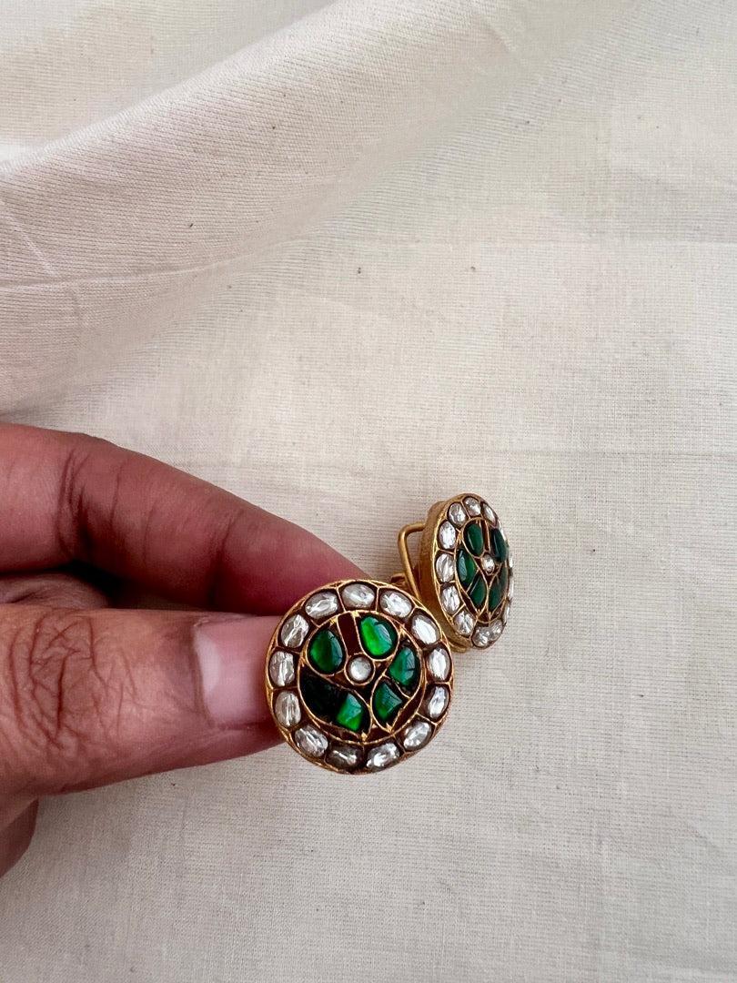 Gold polish kundan and emerald studs-Earrings-CI-House of Taamara