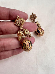 Gold polish kundan and navrathan bead hangings-Earrings-CI-House of Taamara