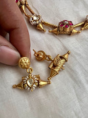 Gold polish kundan and ruby flower motif necklace with earrings, SET-Silver Neckpiece-CI-House of Taamara