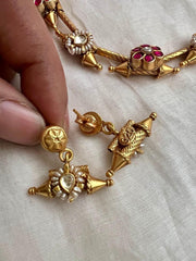 Gold polish kundan and ruby flower motif necklace with earrings, SET-Silver Neckpiece-CI-House of Taamara