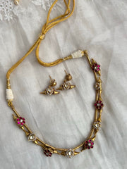 Gold polish kundan and ruby flower motif necklace with earrings, SET-Silver Neckpiece-CI-House of Taamara