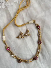 Gold polish kundan and ruby flower motif necklace with earrings, SET-Silver Neckpiece-CI-House of Taamara