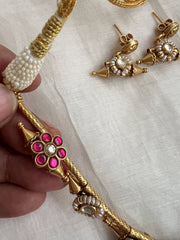 Gold polish kundan and ruby flower motif necklace with earrings, SET-Silver Neckpiece-CI-House of Taamara
