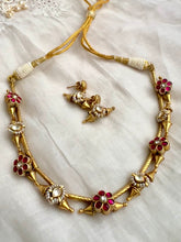 Gold polish kundan and ruby flower motif necklace with earrings, SET-Silver Neckpiece-CI-House of Taamara