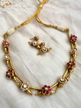 Gold polish kundan and ruby flower motif necklace with earrings, SET-Silver Neckpiece-CI-House of Taamara