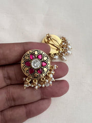 Gold polish kundan and ruby flower studs with pearls-Earrings-CI-House of Taamara