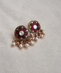 Gold polish kundan and ruby flower studs with pearls-Earrings-CI-House of Taamara