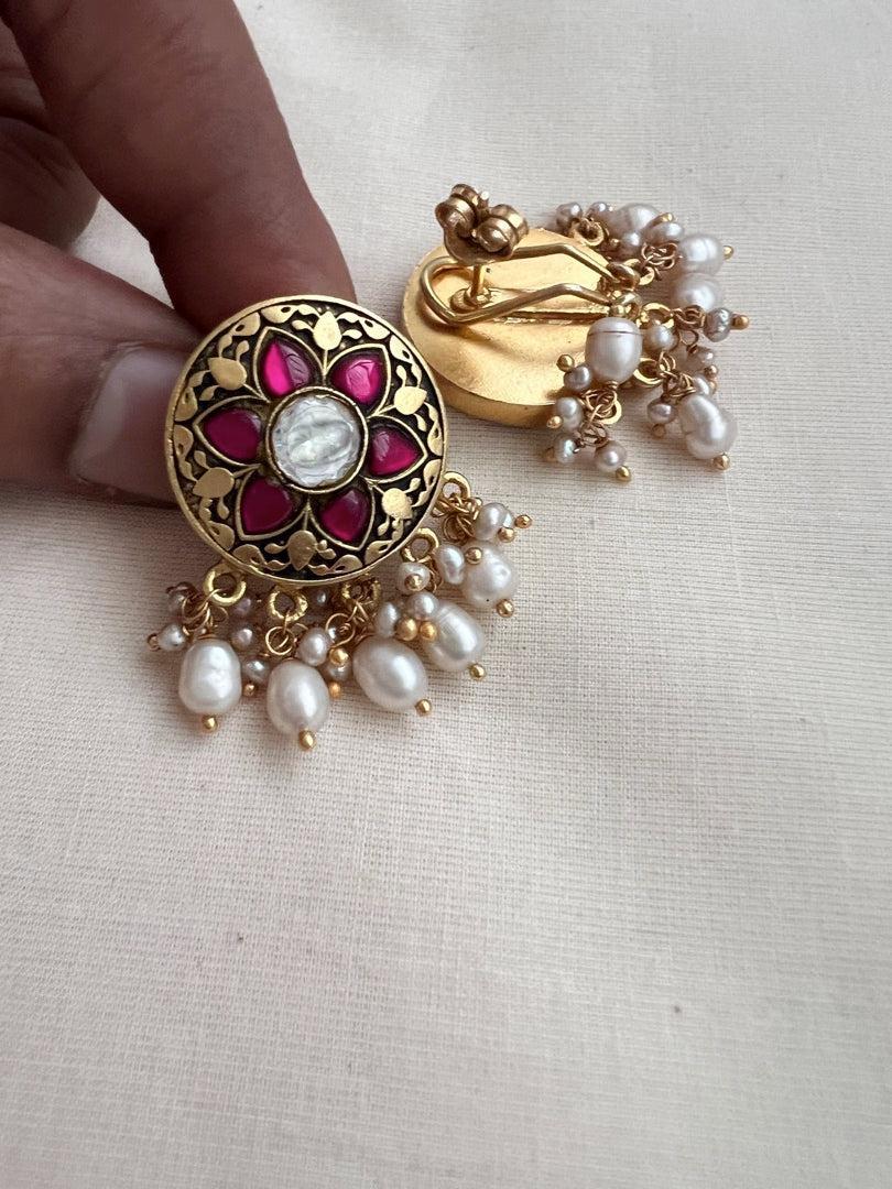 Gold polish kundan and ruby flower studs with pearls-Earrings-CI-House of Taamara