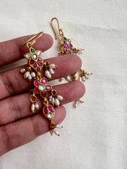 Gold polish kundan and ruby hangings with pearls-Earrings-CI-House of Taamara