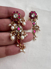 Gold polish kundan and ruby hangings with pearls-Earrings-CI-House of Taamara