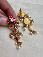 Gold polish kundan and ruby hangings with pearls-Earrings-CI-House of Taamara